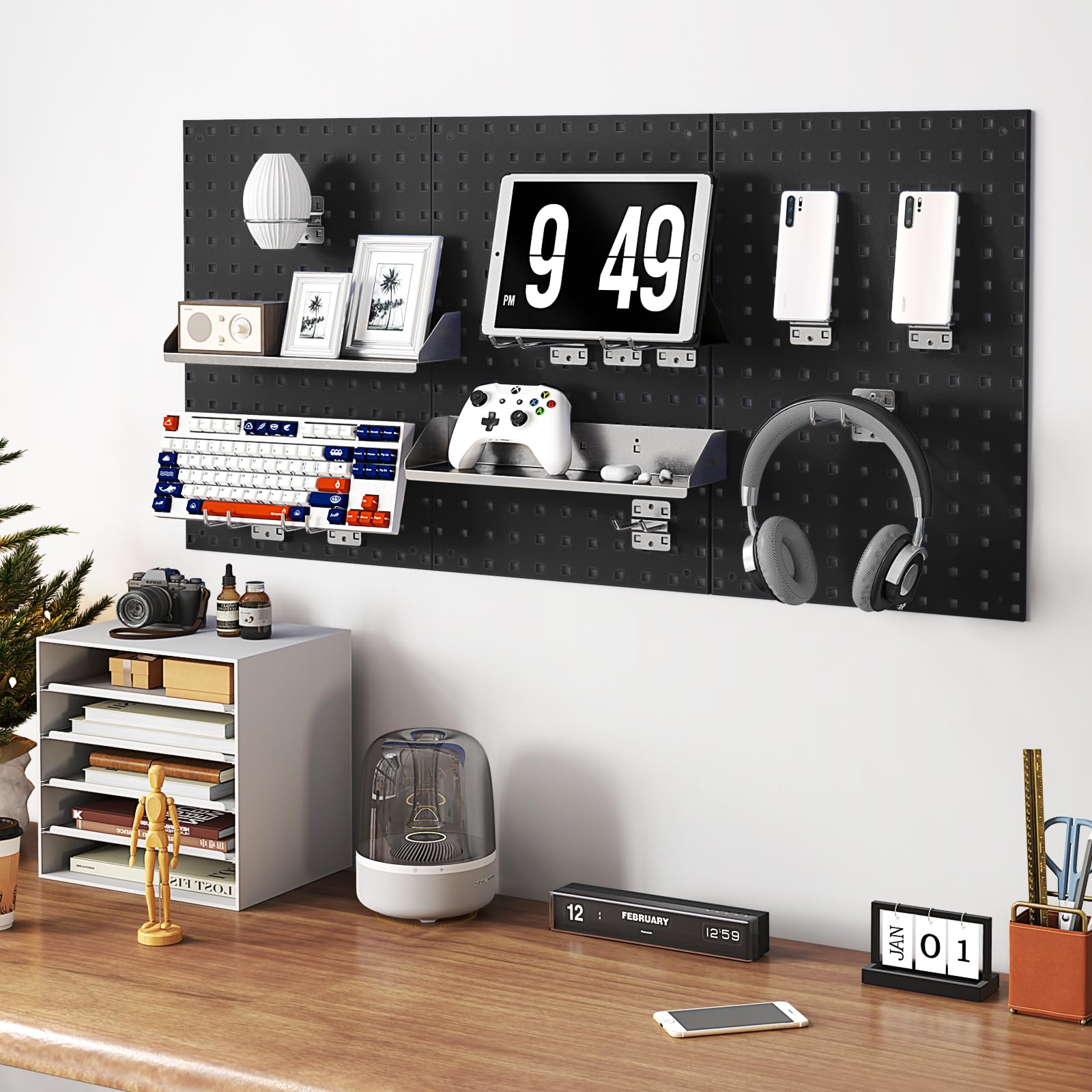 3 Pcs Metal Pegboard Panels w/25 Hooks, Storage Platform & Square Hole, Heavy Duty Pegboard Wall Organizer, Peg Board for Workshop Tool Storage