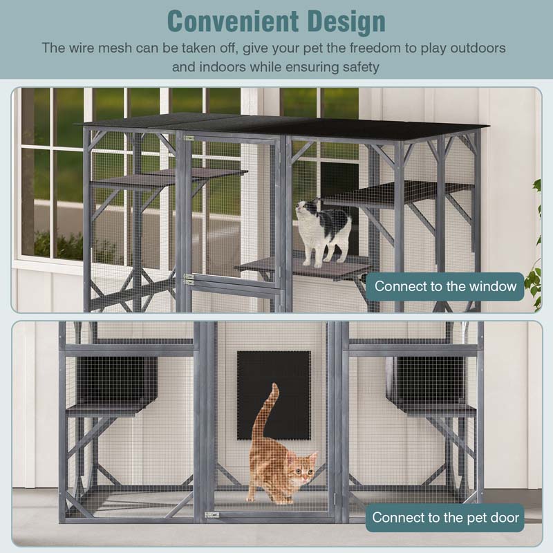 71" Tall Large Cat House Outdoor Catio Kitty Enclosure, Walk-in Cat Kennel Condo, Wooden Cat Cage Playpen with 7 Platforms