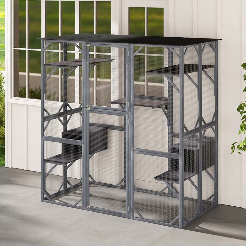 71" Tall Large Cat House Outdoor Catio Kitty Enclosure, Walk-in Cat Kennel Condo, Wooden Cat Cage Playpen with 7 Platforms