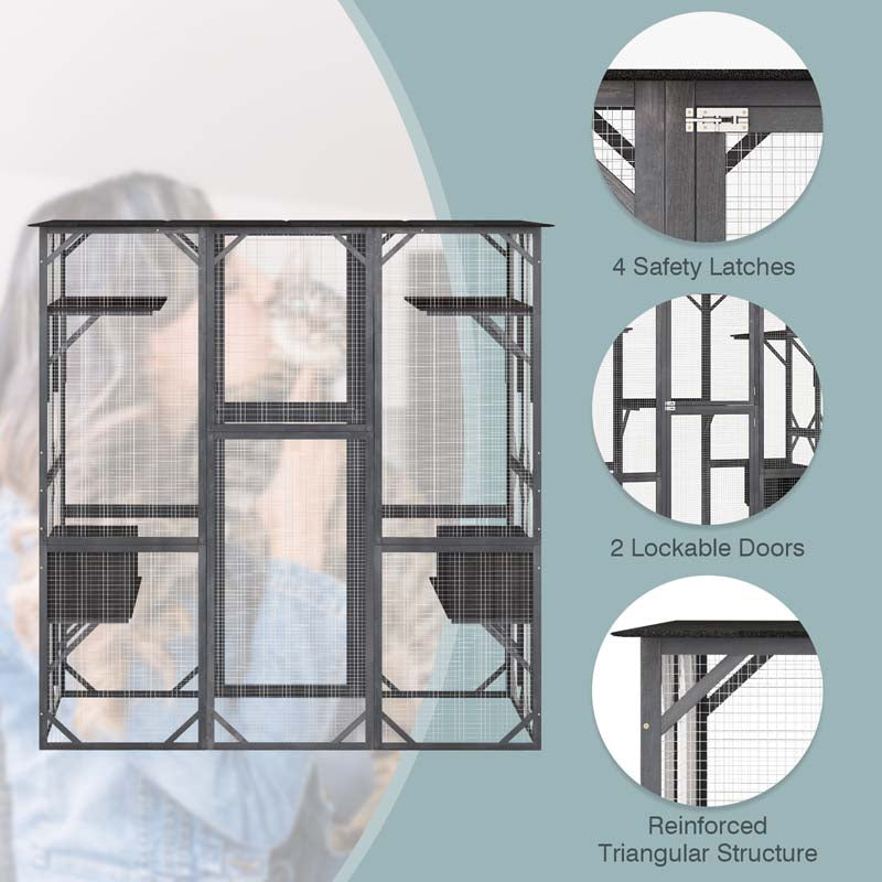 71" Tall Large Cat House Outdoor Catio Kitty Enclosure, Walk-in Cat Kennel Condo, Wooden Cat Cage Playpen with 7 Platforms