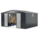 12 x 9.8 FT All-Weather Outdoor Storage Shed, Rustproof Galvanized Metal Utility Tool Shed w/Lockable Door, Pitched Roof, Windows