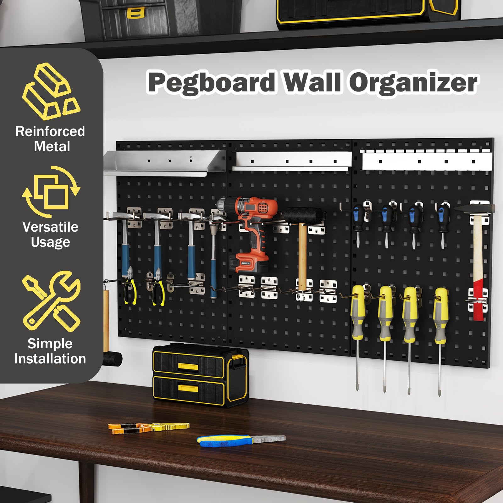3 Pcs Metal Pegboard Panels w/25 Hooks, Storage Platform & Square Hole, Heavy Duty Pegboard Wall Organizer, Peg Board for Workshop Tool Storage