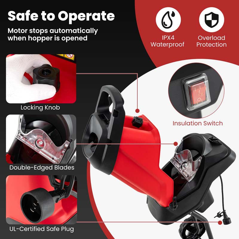 15-Amp Electric Wood Chipper and Shredder, Corded Leaf Mulcher with 15:1 Reduction, Safety Lock, 1.77" Cutting Diameter, Collection Bag & Wheels