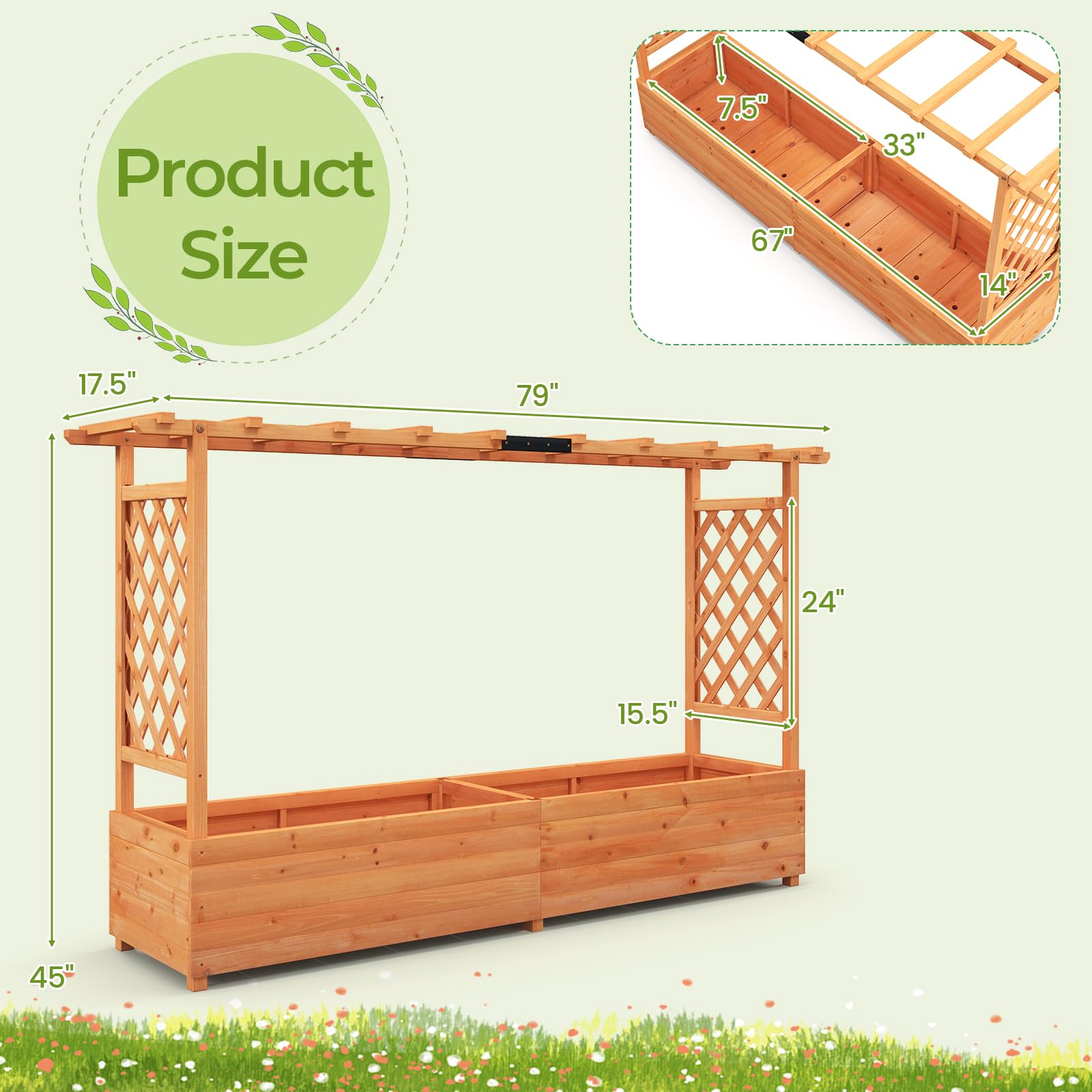 Raised Garden Bed with Trellis & Hanging Roof, Freestanding Planter Box for Flower Climbing Plant Herb, 79"L x 17.5"W x 45"H
