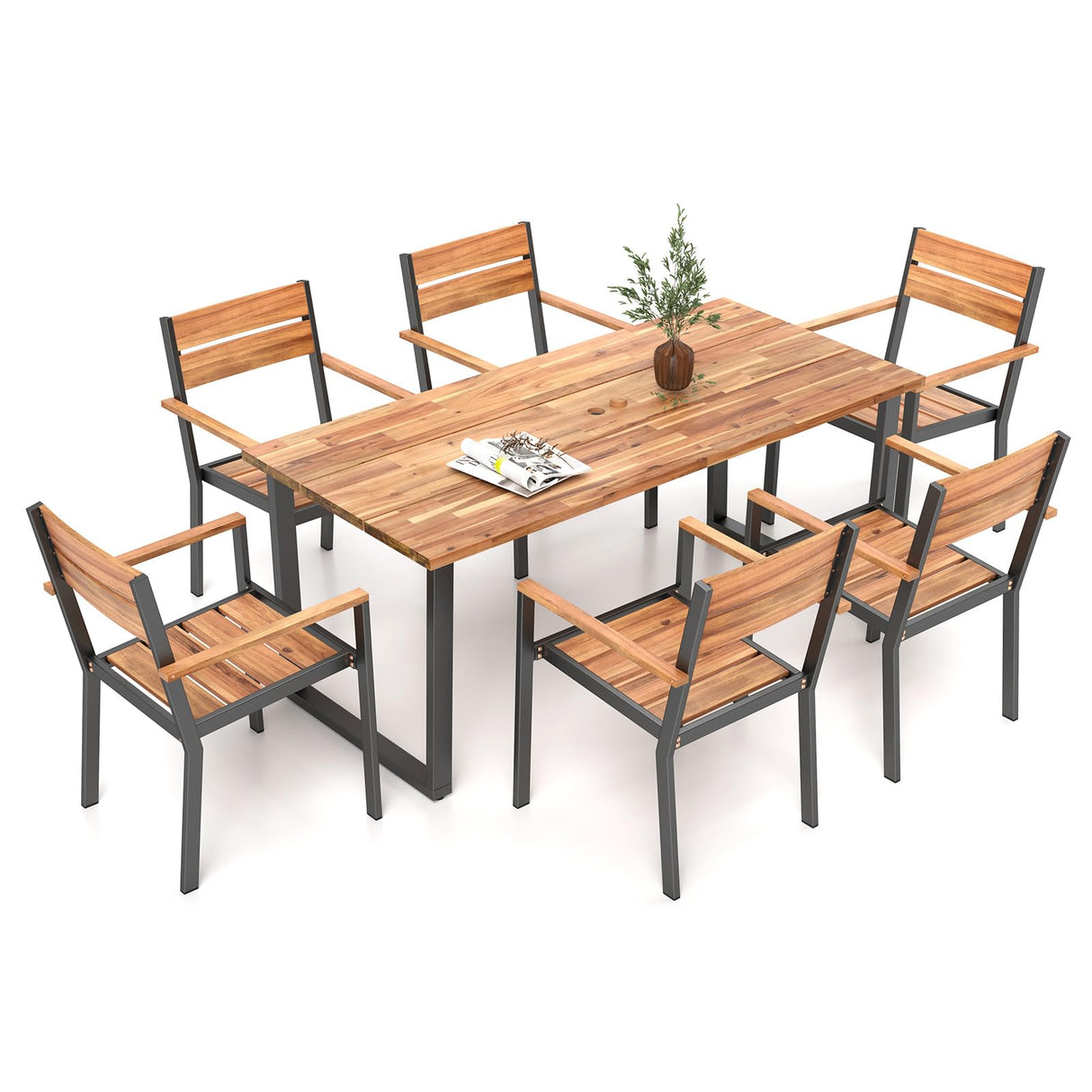 7 Pcs Metal Frame Outdoor Patio Dining Set - 69" Rectangular Acacia Wood Table with 6 Stackable Chairs, 2" Umbrella Hole