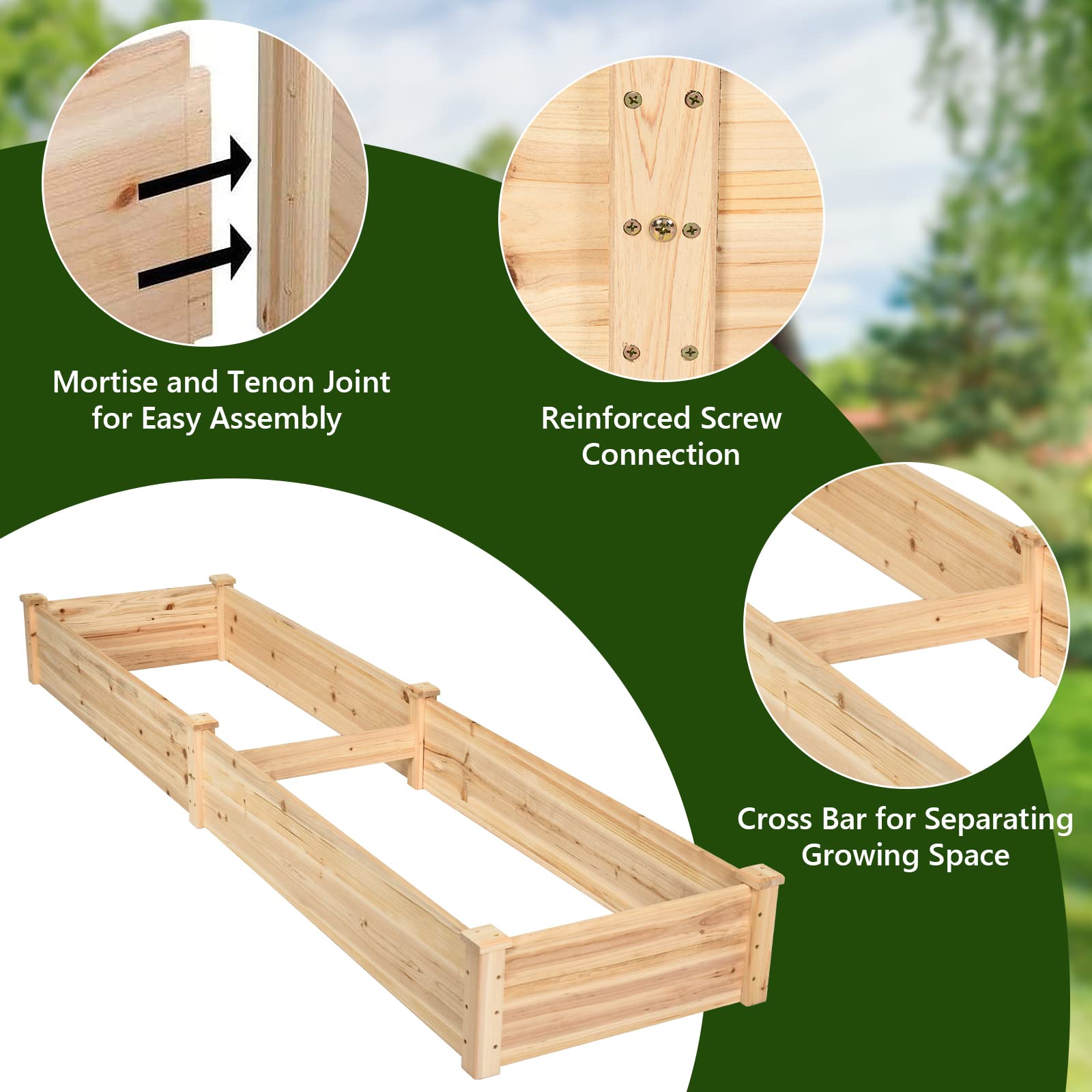 Natural Raised Garden Bed Elevated Planter Box with Open Bottom, 97”L x 25.5”W x 10”H Wooden Growing Bed for Garden Patio Yard