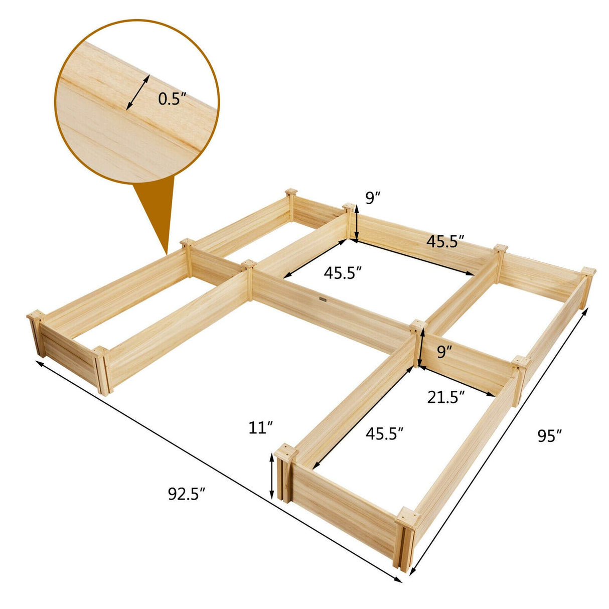 92.5" L x 95 W x 11 H Wood U-Shaped Raised Garden Bed Planter Box for Vegetables Flowers, Garden Container for Backyard Patio Balcony