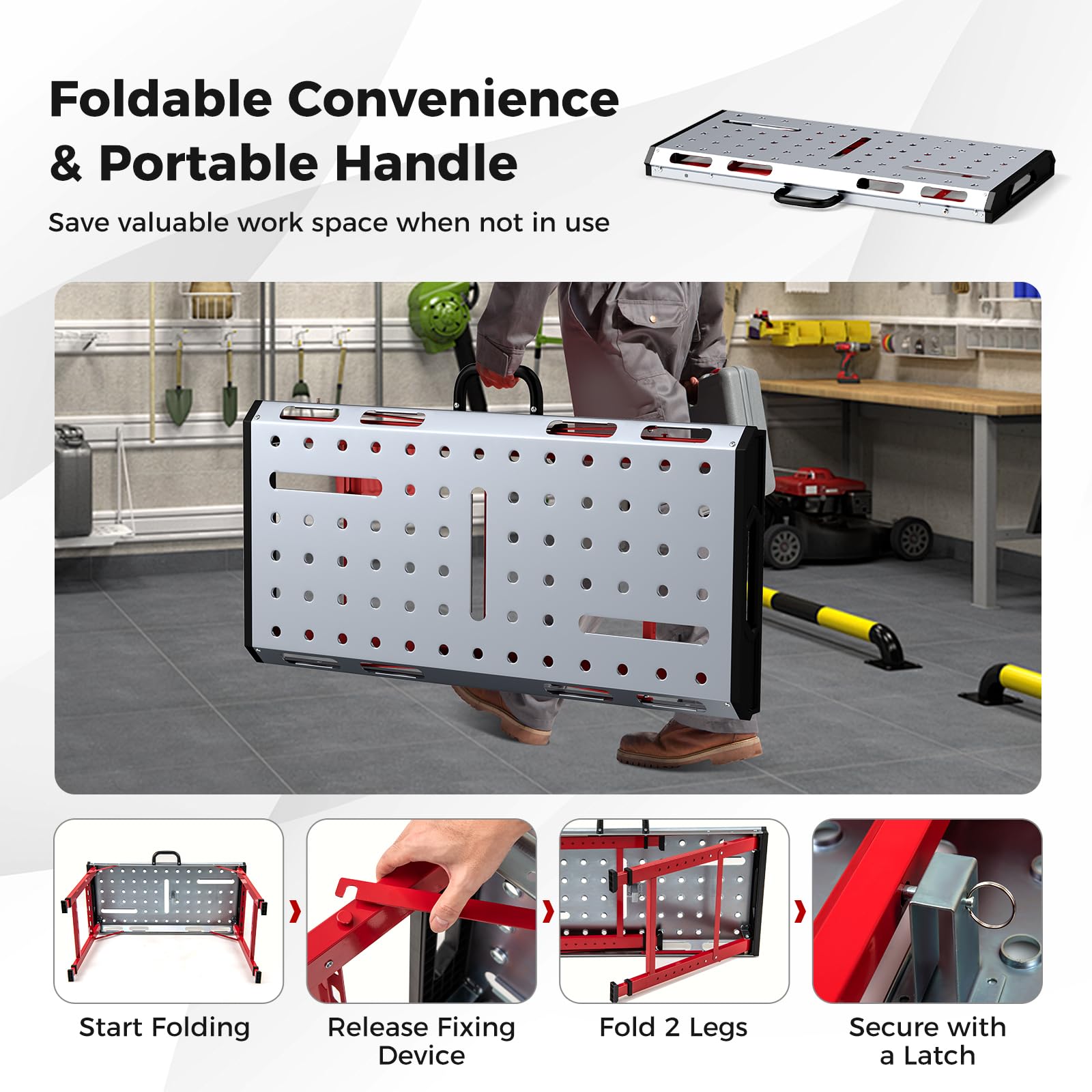 42" x 21" Portable Folding Welding Table, 1000 LBS Capacity Height Adjustable Weld Workbench with 2 Bar Clamps, 8 Tool Slots, Carrying Handle
