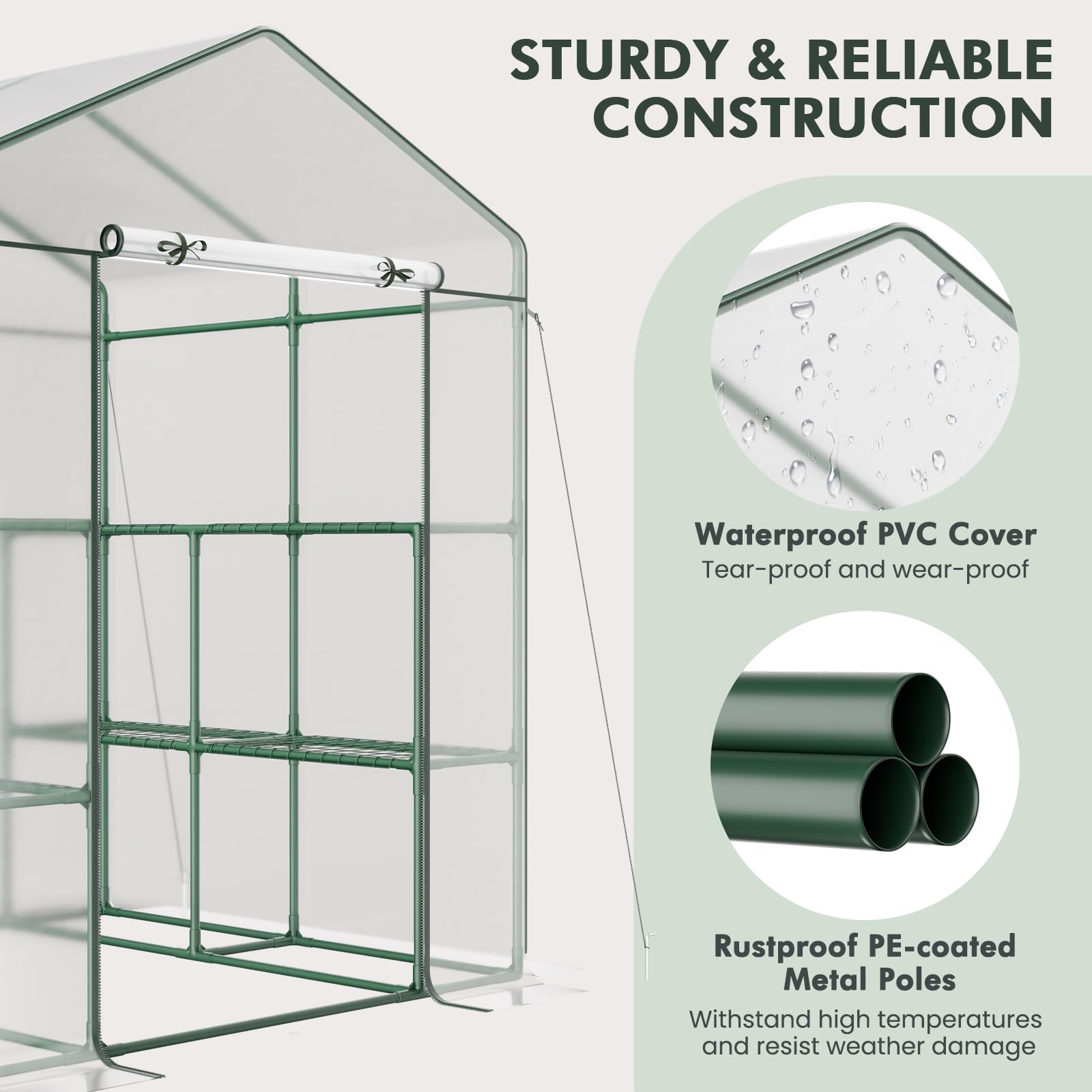 4.6 x 4.7 x 6.5 FT Walk-in Greenhouse with 3 Tiers 4 Shelves, 4 Ground Stakes & Ropes, PVC Cover, Roll-up Zippered Door