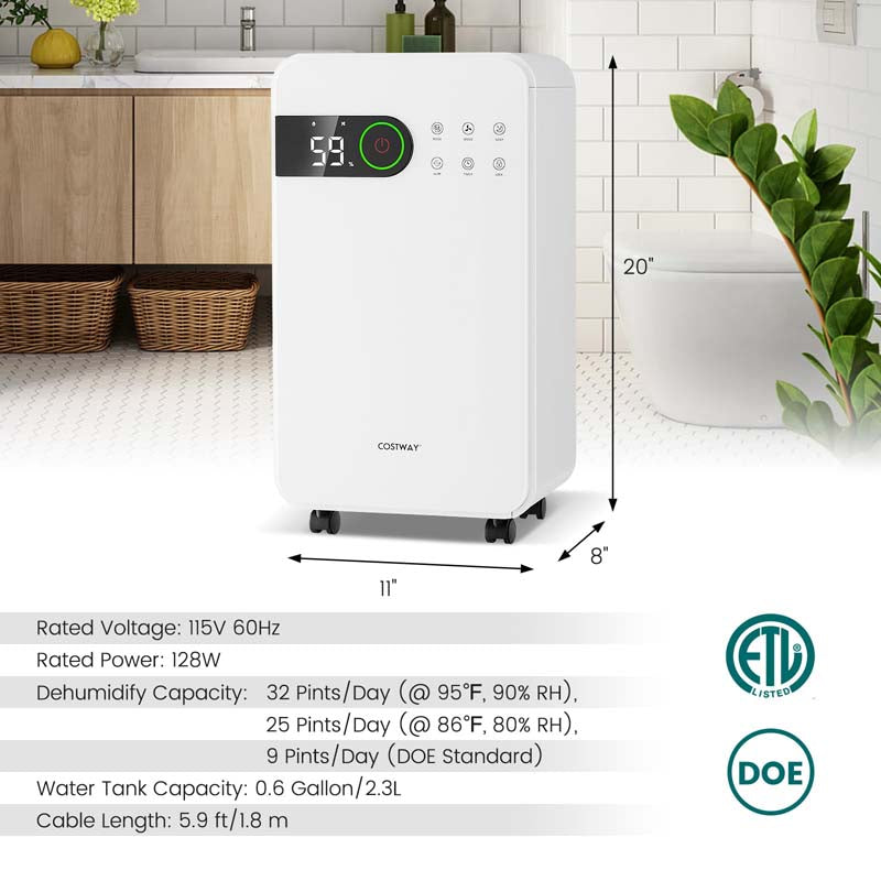2500 Sq.Ft Dehumidifier for Basement, 32 Pints Dehumidifier with Auto Drain, Child Lock & Wheels, Sleep Mode, 3-Color LED Indicator & 24H Timer