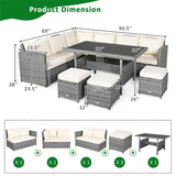 7 Pcs Rattan Patio Dining Furniture Sectional Sofa Set with Dining Table, Ottomans & Cushions
