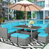 7 Pcs Rattan Patio Dining Furniture Sectional Sofa Set with Dining Table, Ottomans & Cushions