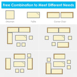 7 Pcs Rattan Patio Dining Furniture Sectional Sofa Set with Dining Table, Ottomans & Cushions