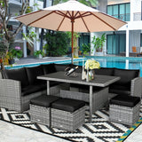 7 Pcs Rattan Patio Dining Furniture Sectional Sofa Set with Dining Table, Ottomans & Cushions