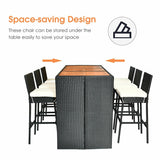 7 Pcs Rattan Patio Bar Set Dining Table Set with Acacia Wood Tabletop & Bar Stools, Soft Cushions