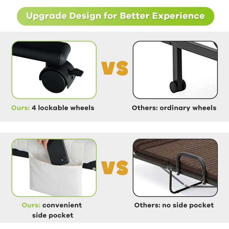 Folding Rollaway Bed with Mattress for Adult, Portable Guest Bed Frame with Adjustable 6 Position & Side Storage Pocket