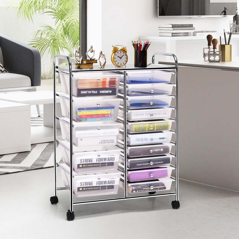 15-Drawer Storage Drawer Cart Tools Scrapbook Paper Organizer Cart Office School Utility Cart Rolling Storage Cart with Wheels