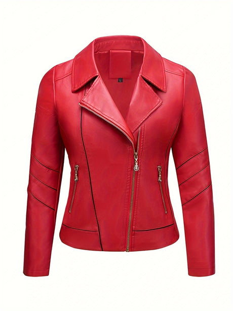 Women’s Slim Fit Zip-Up Leather Jacket – Striped Office Casual Coat