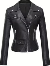 Women’s Black Elegant Leather Jacket – Zipper Details, Long Sleeve Fashion Outerwear