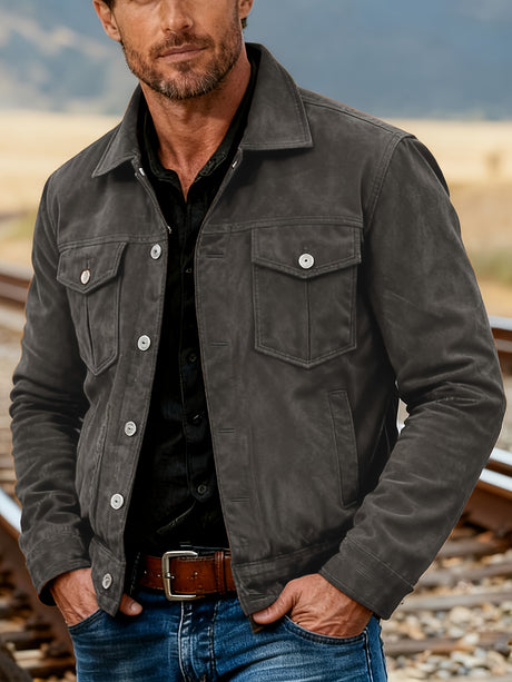 Men’s Vintage Suedette Sports Jacket – Solid Color Retro Lapel Button Coat