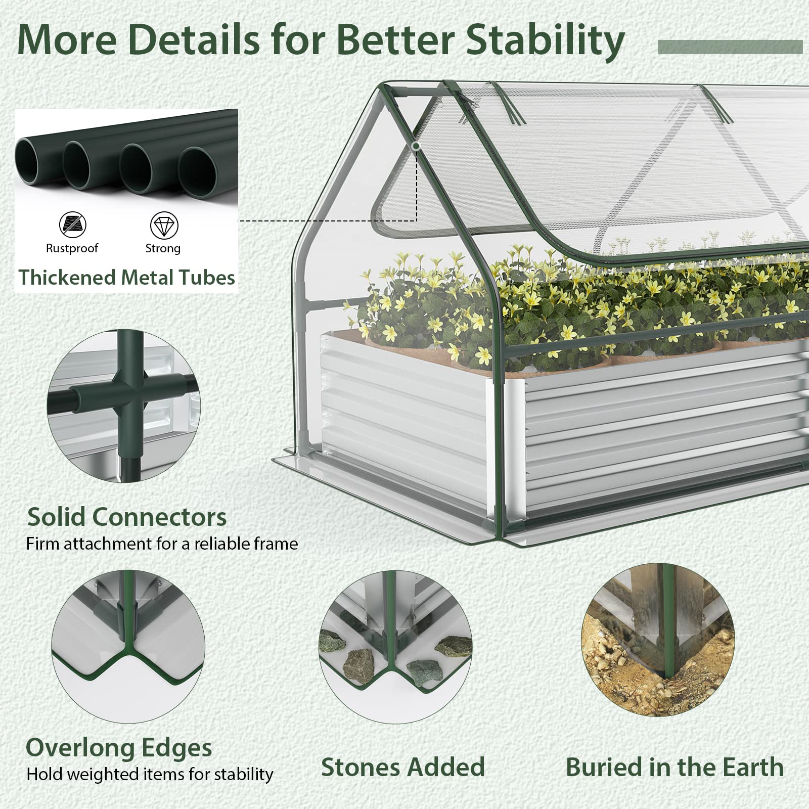 6FT x 3FT x 3FT Galvanized Bottomless Raised Garden Bed with Greenhouse, Dual 2-Tier Roll-Up Windows, Easy Venting & Watering