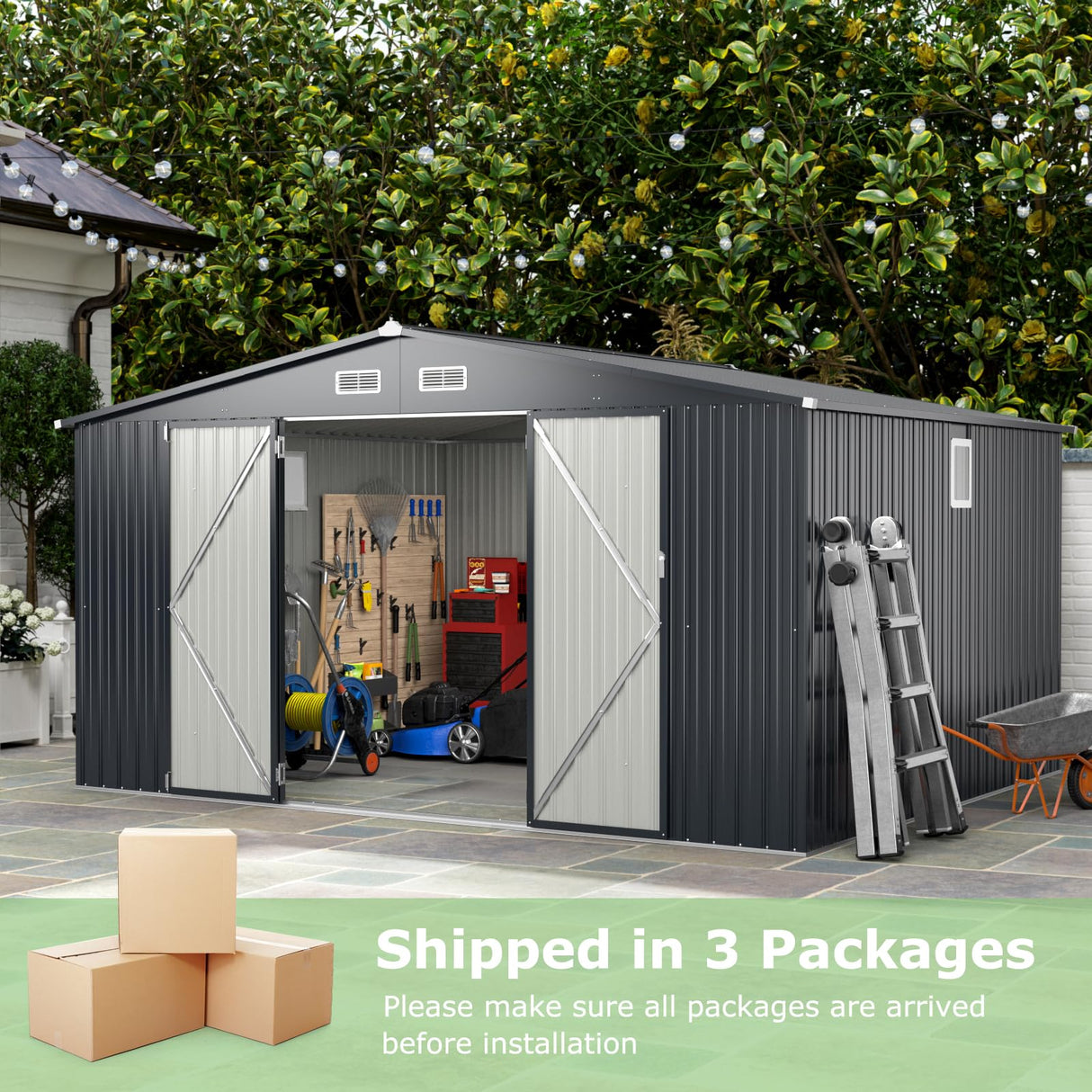 12 x 9.8 FT All-Weather Outdoor Storage Shed, Rustproof Galvanized Metal Utility Tool Shed w/Lockable Door, Pitched Roof, Windows