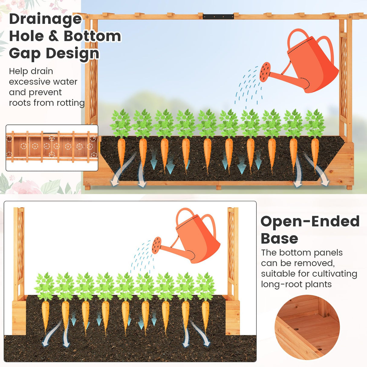 Raised Garden Bed with Trellis & Hanging Roof, Freestanding Planter Box for Flower Climbing Plant Herb, 79"L x 17.5"W x 45"H