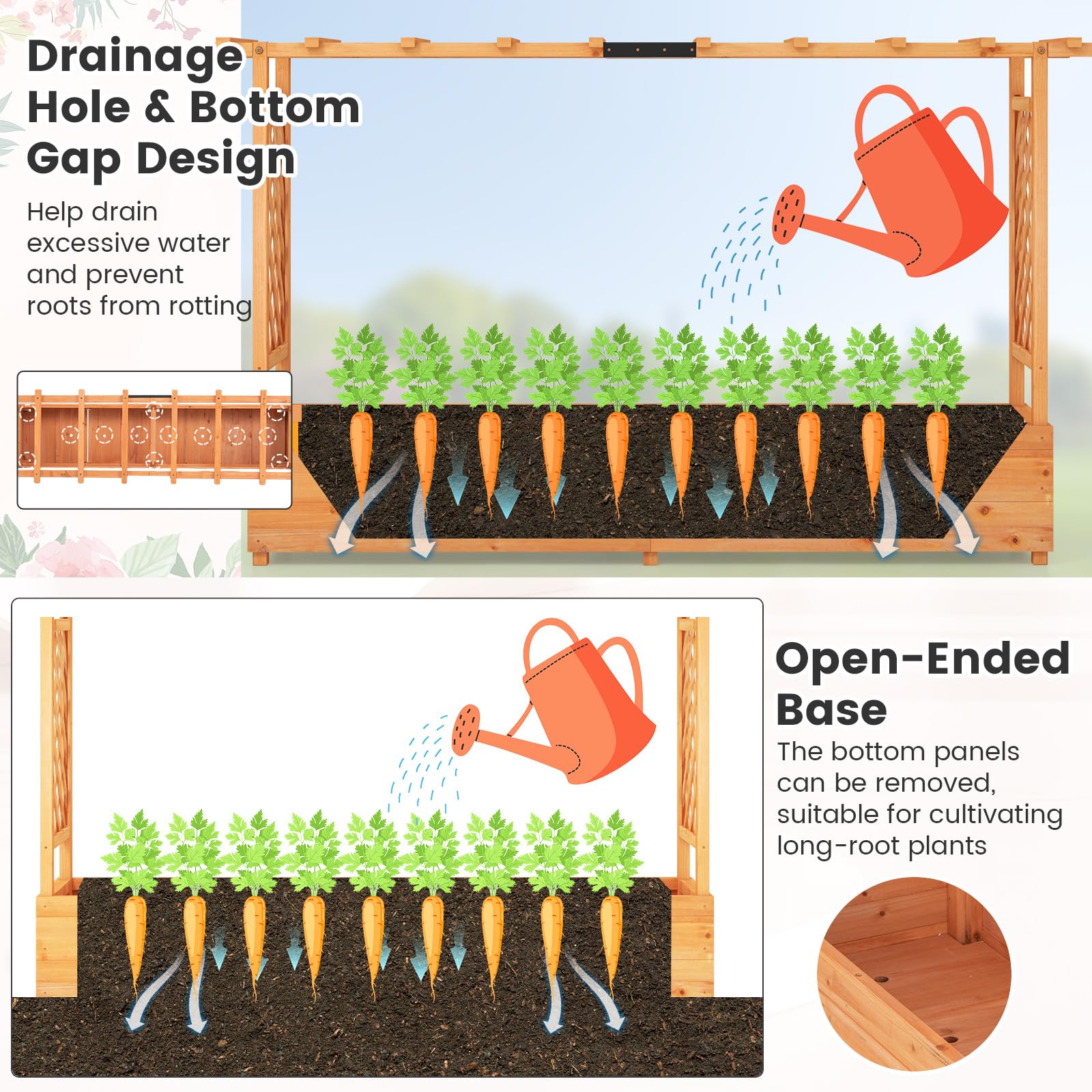 Raised Garden Bed with Trellis & Hanging Roof, Freestanding Planter Box for Flower Climbing Plant Herb, 79"L x 17.5"W x 45"H