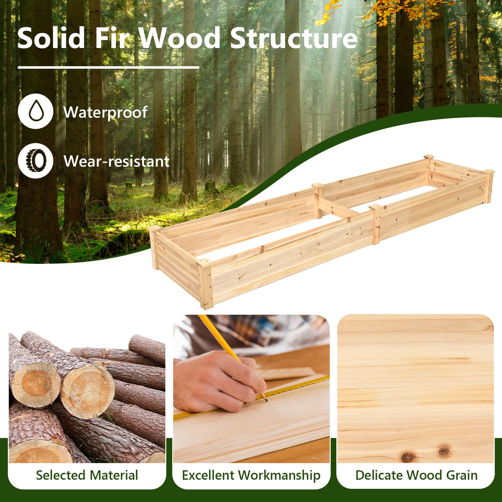 Natural Raised Garden Bed Elevated Planter Box with Open Bottom, 97”L x 25.5”W x 10”H Wooden Growing Bed for Garden Patio Yard