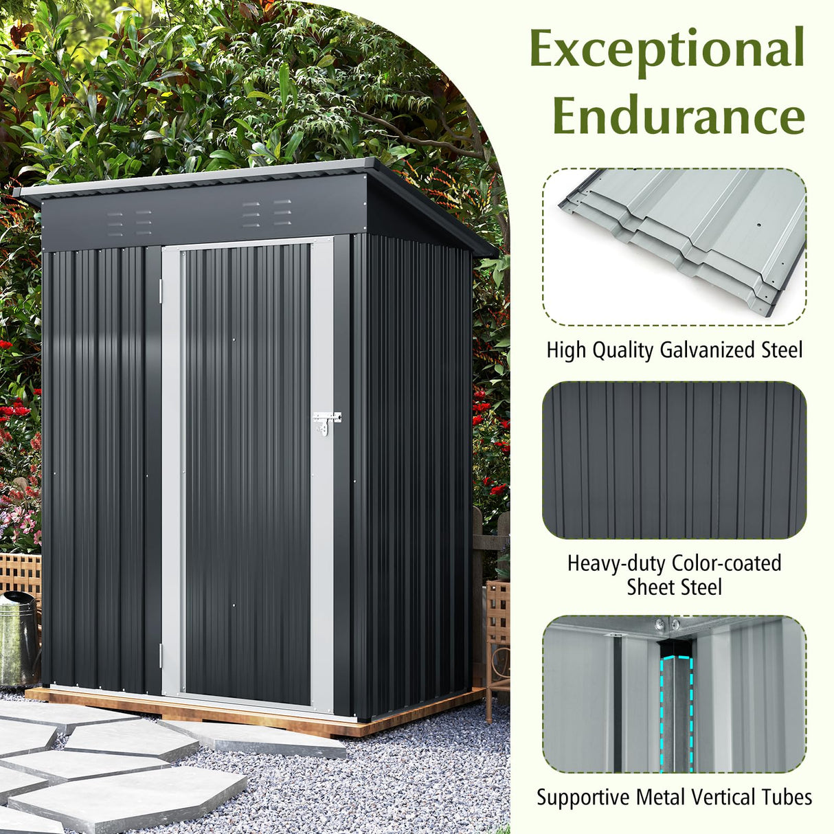 5 x 3 FT Outdoor Storage Shed, Galvanized Metal Tool House with Sloped Roof, 2 Vents, Lockable Door, Waterproof & Windproof Utility Tool Organizer