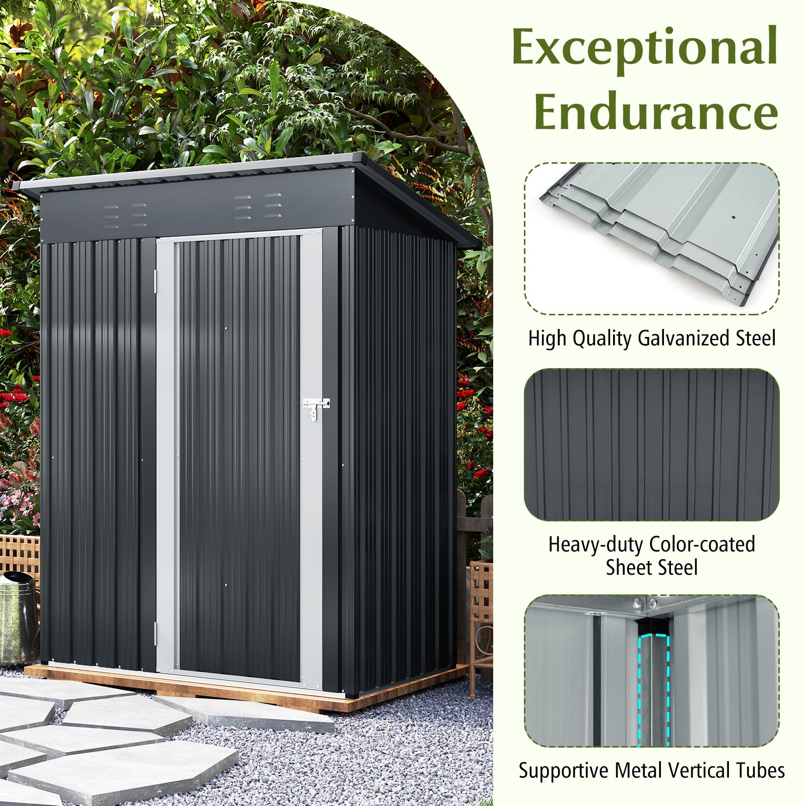 5 x 3 FT Outdoor Storage Shed, Galvanized Metal Tool House with Sloped Roof, 2 Vents, Lockable Door, Waterproof & Windproof Utility Tool Organizer