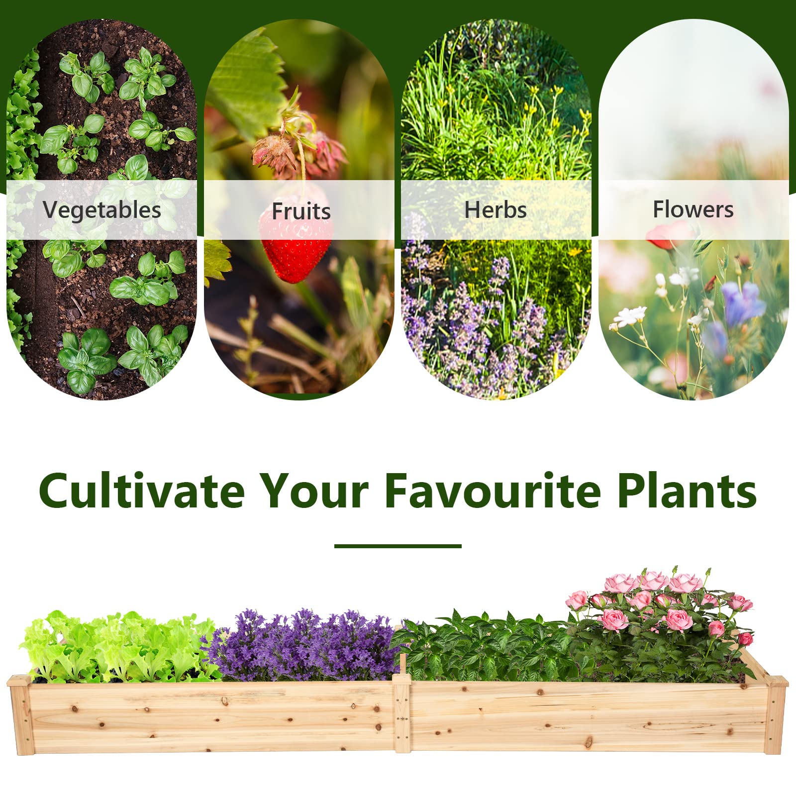 Natural Raised Garden Bed Elevated Planter Box with Open Bottom, 97”L x 25.5”W x 10”H Wooden Growing Bed for Garden Patio Yard