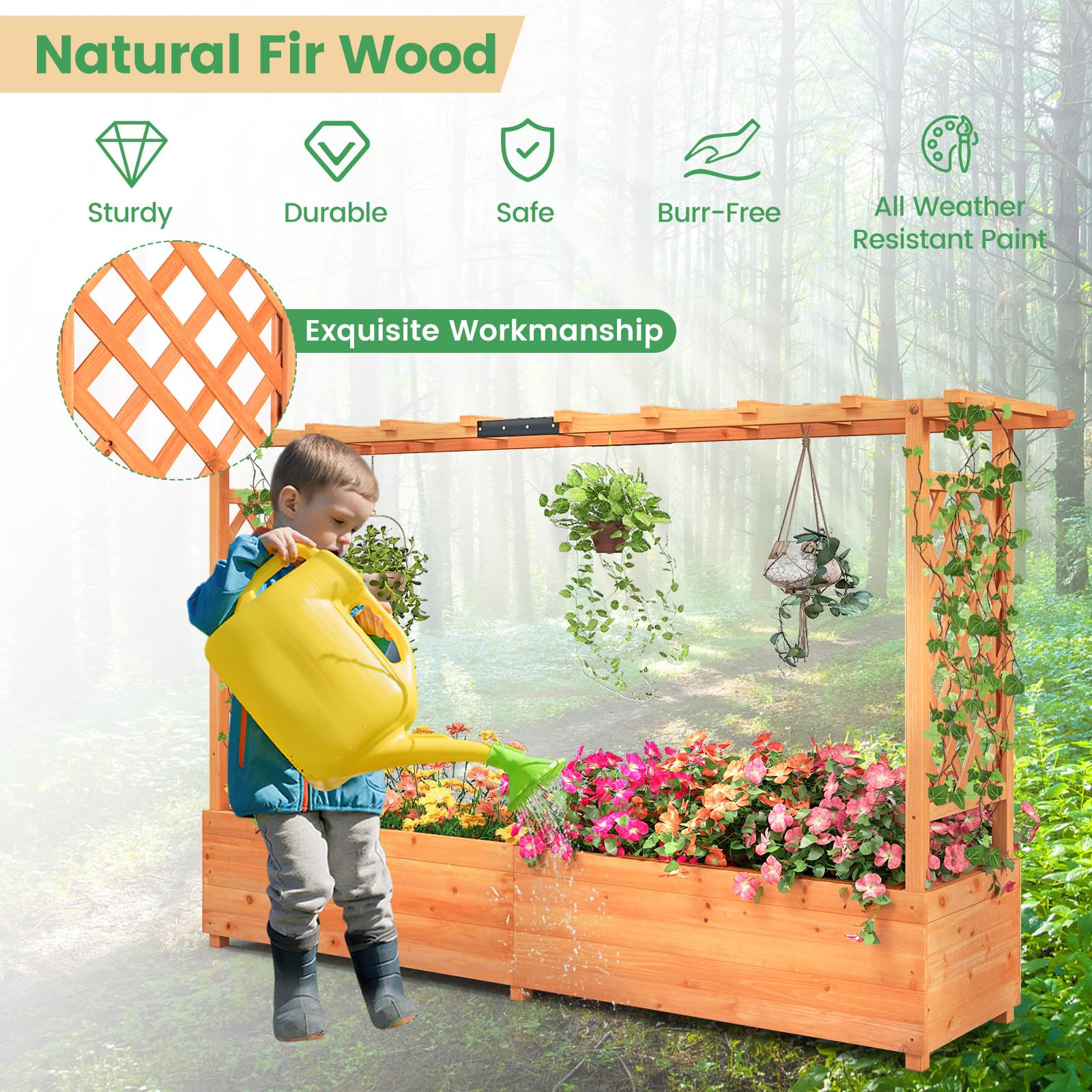 Raised Garden Bed with Trellis & Hanging Roof, Freestanding Planter Box for Flower Climbing Plant Herb, 79"L x 17.5"W x 45"H