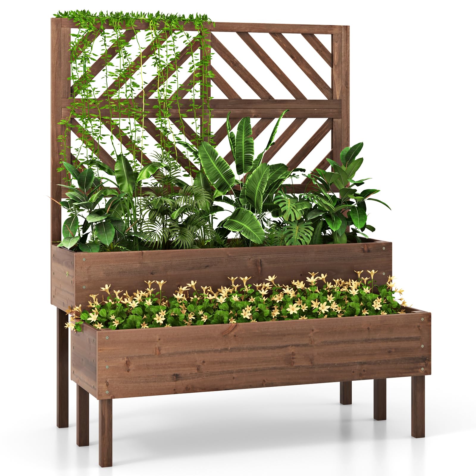 2-Tier Wooden Raised Garden Bed with Trellis, 2 Planter Boxes, Drainage Holes, Outdoor Elevated Planter Box for Flowers Herbs Vegetables Fruits