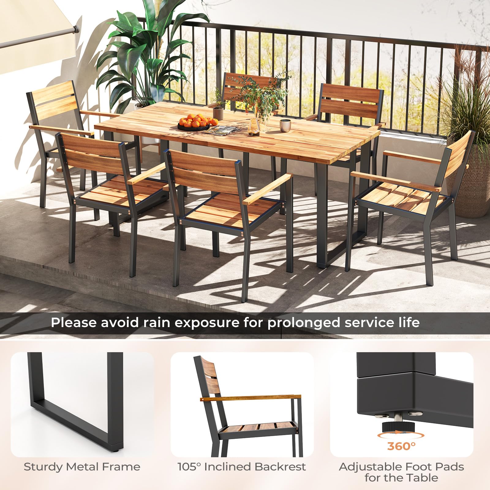 7 Pcs Metal Frame Outdoor Patio Dining Set - 69" Rectangular Acacia Wood Table with 6 Stackable Chairs, 2" Umbrella Hole