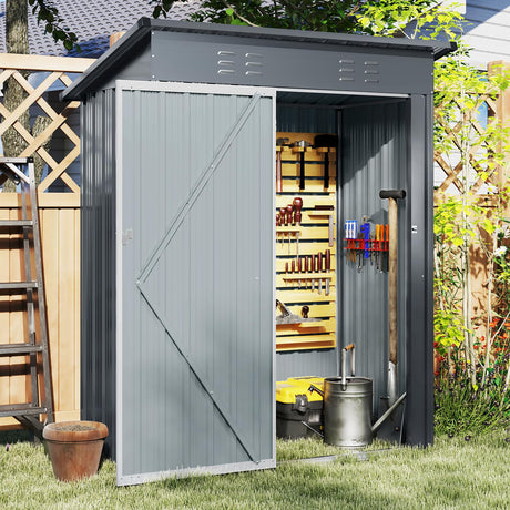 5 x 3 FT Outdoor Storage Shed, Galvanized Metal Tool House with Sloped Roof, 2 Vents, Lockable Door, Waterproof & Windproof Utility Tool Organizer