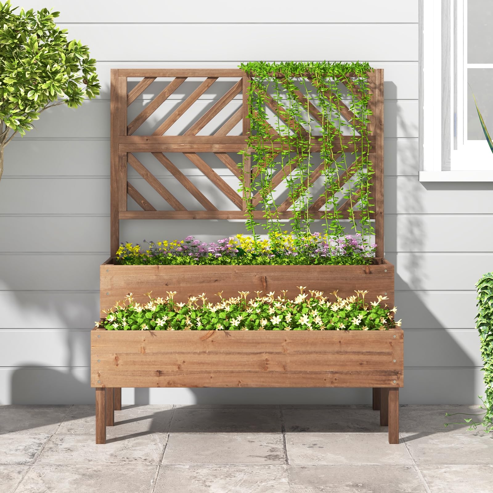 2-Tier Wooden Raised Garden Bed with Trellis, 2 Planter Boxes, Drainage Holes, Outdoor Elevated Planter Box for Flowers Herbs Vegetables Fruits