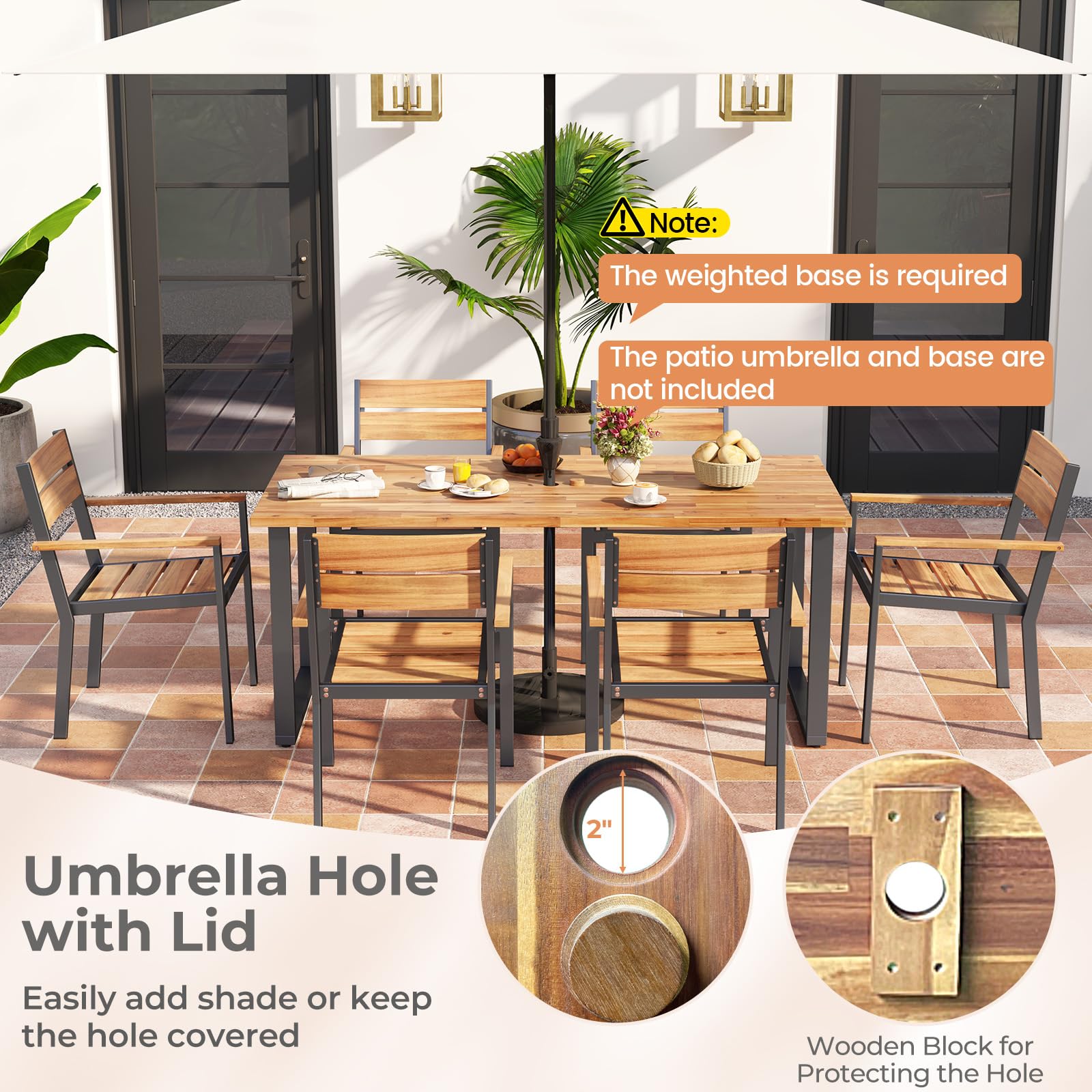 7 Pcs Metal Frame Outdoor Patio Dining Set - 69" Rectangular Acacia Wood Table with 6 Stackable Chairs, 2" Umbrella Hole
