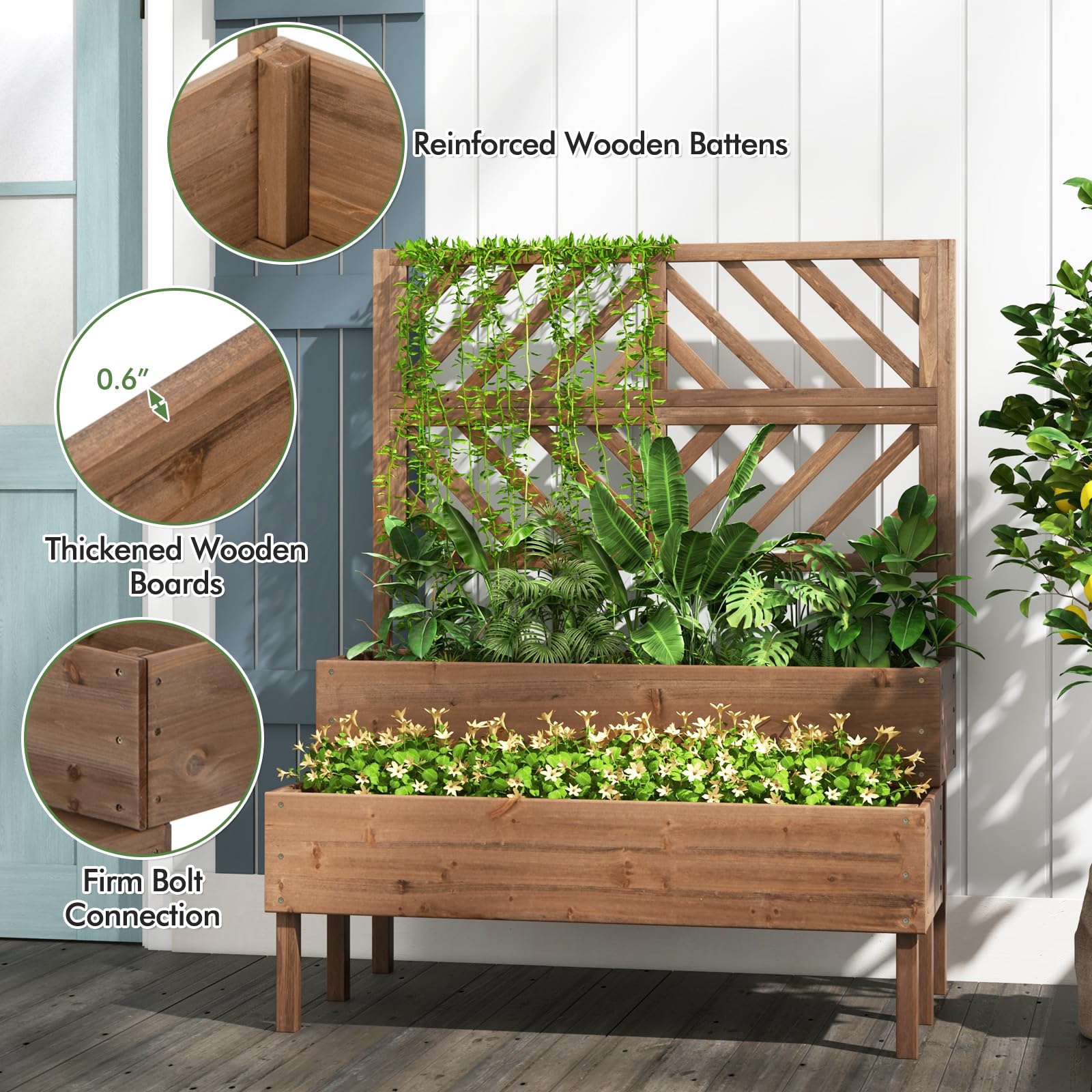 2-Tier Wooden Raised Garden Bed with Trellis, 2 Planter Boxes, Drainage Holes, Outdoor Elevated Planter Box for Flowers Herbs Vegetables Fruits