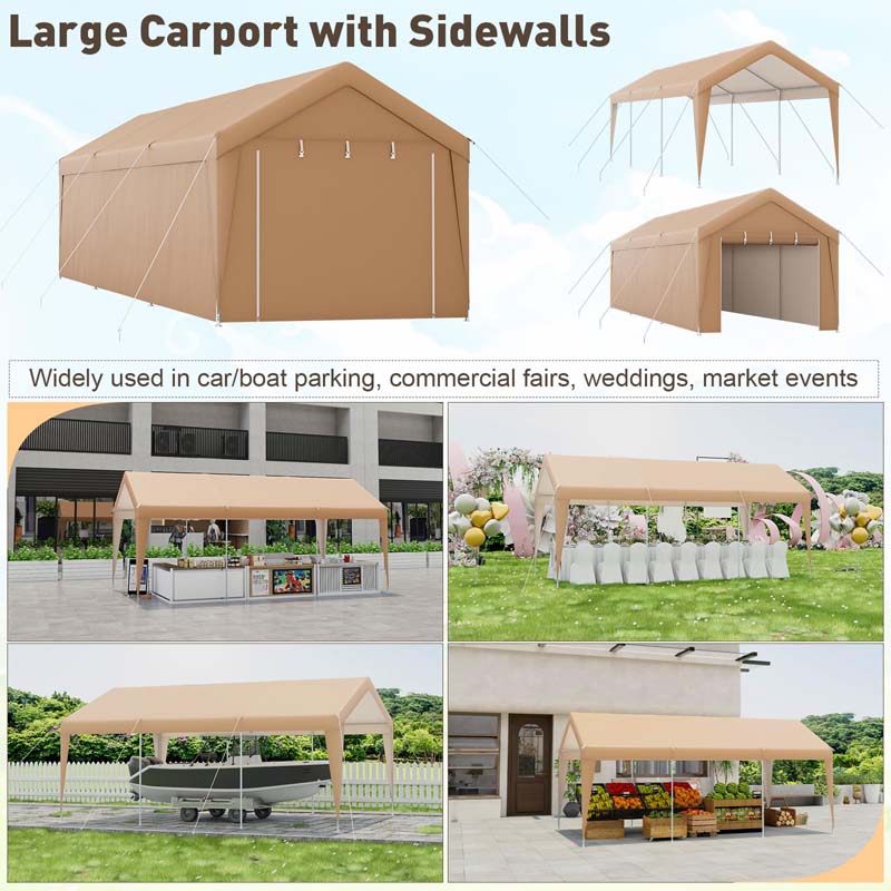 10 x 20 FT Heavy-Duty Carport Portable Garage Tent with Steel Frame & Sidewalls, Outdoor Car Canopy Shelter for Truck SUV Boat