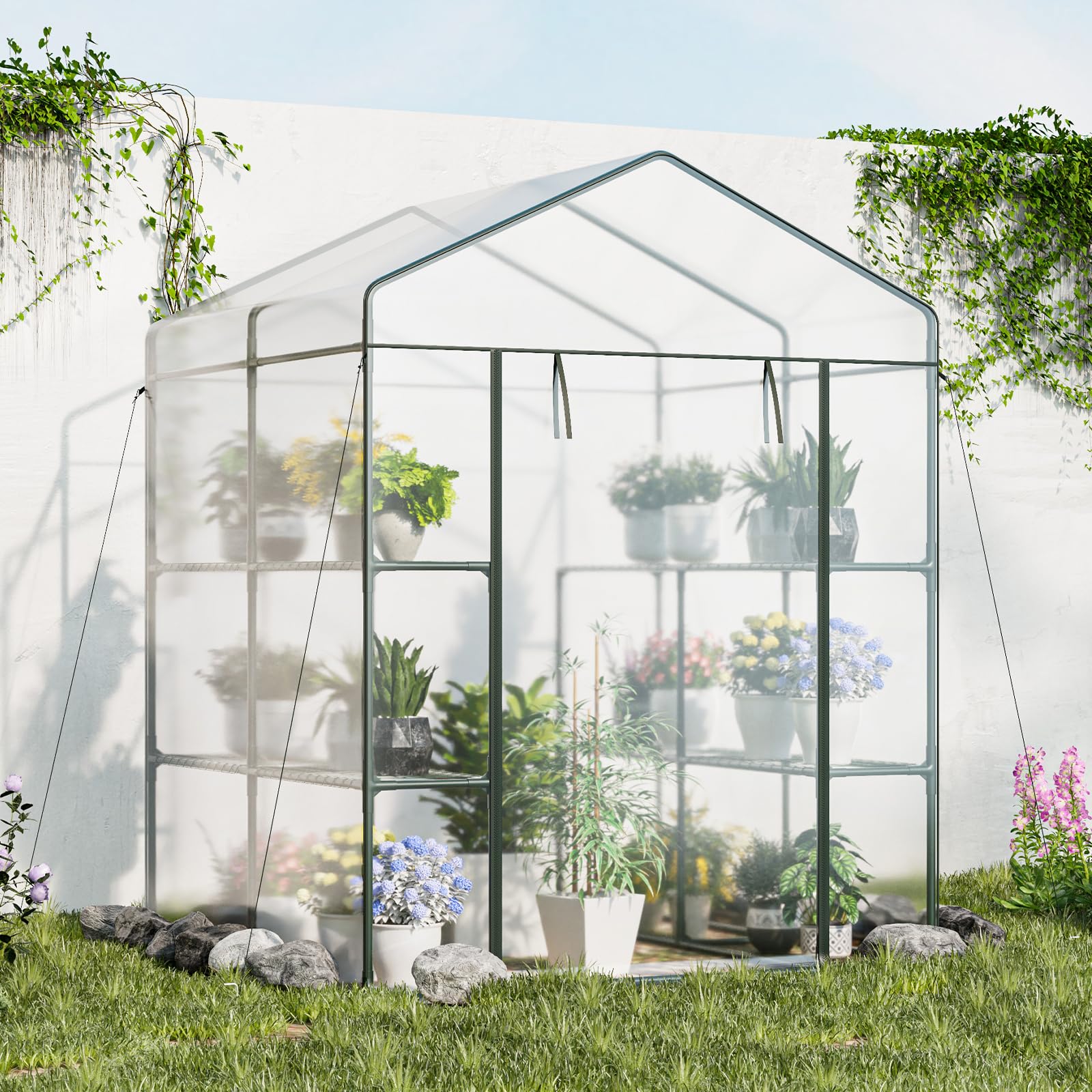 4.6 x 4.7 x 6.5 FT Walk-in Greenhouse with 3 Tiers 4 Shelves, 4 Ground Stakes & Ropes, PVC Cover, Roll-up Zippered Door
