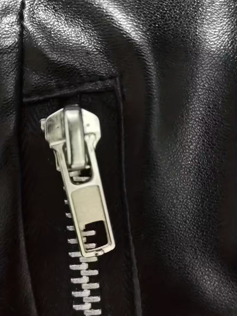 Women’s Black Elegant Leather Jacket – Zipper Details, Long Sleeve Fashion Outerwear
