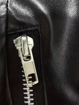 Women’s Black Elegant Leather Jacket – Zipper Details, Long Sleeve Fashion Outerwear