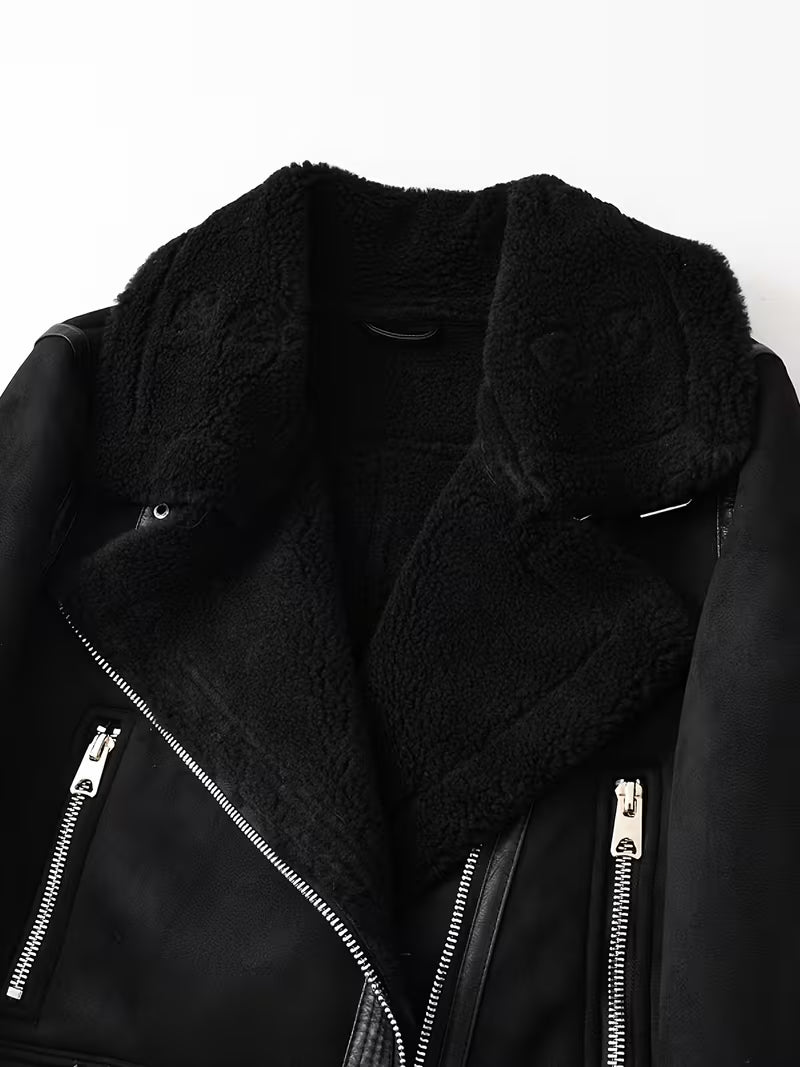Women’s Retro Synthetic Leather Motorcycle Jacket – Fleece Lined Winter Coat