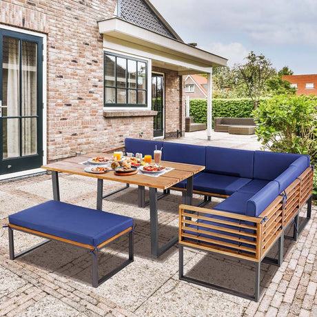 8Pcs Acacia Wood Patio Dining Set with Soft Padded Cushions, Heavy Duty L Shaped Sectional Sofa Set for Backyard Poolside Deck