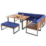 8Pcs Acacia Wood Patio Dining Set with Soft Padded Cushions, Heavy Duty L Shaped Sectional Sofa Set for Backyard Poolside Deck