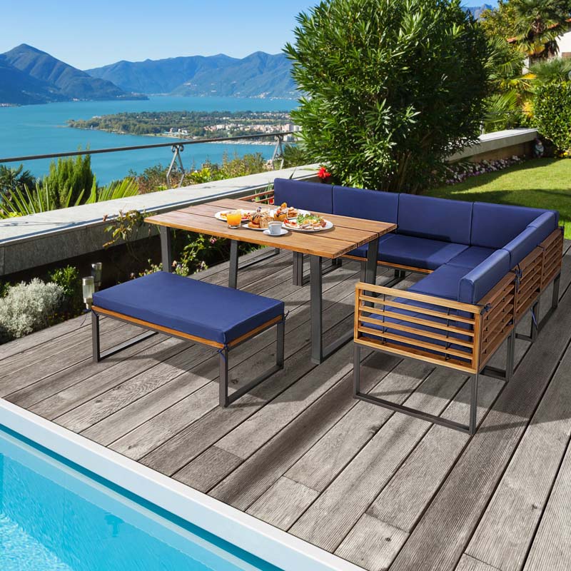 8Pcs Acacia Wood Patio Dining Set with Soft Padded Cushions, Heavy Duty L Shaped Sectional Sofa Set for Backyard Poolside Deck