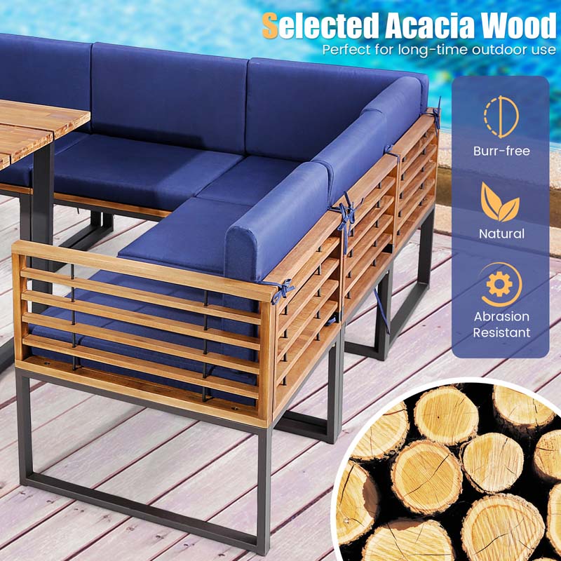 8Pcs Acacia Wood Patio Dining Set with Soft Padded Cushions, Heavy Duty L Shaped Sectional Sofa Set for Backyard Poolside Deck