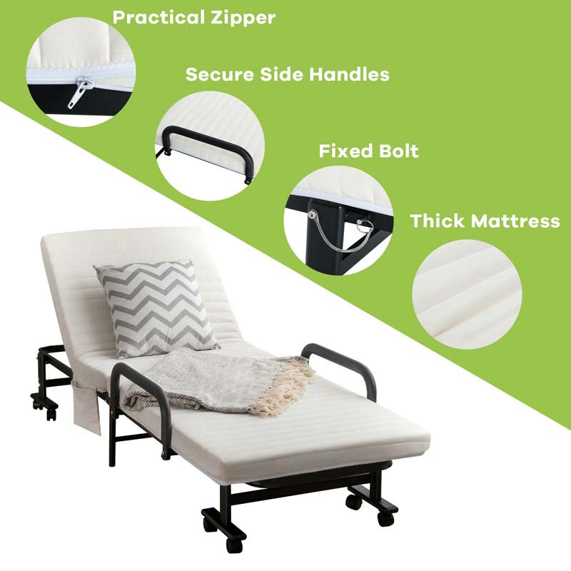 Folding Rollaway Bed with Mattress for Adult, Portable Guest Bed Frame with Adjustable 6 Position & Side Storage Pocket