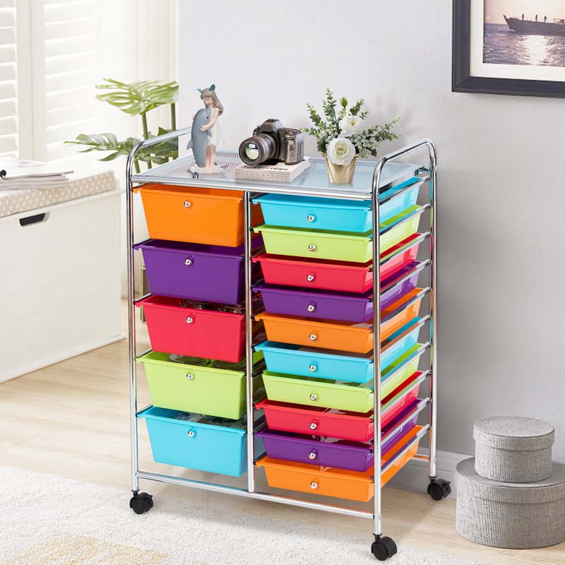 15-Drawer Storage Drawer Cart Tools Scrapbook Paper Organizer Cart Office School Utility Cart Rolling Storage Cart with Wheels